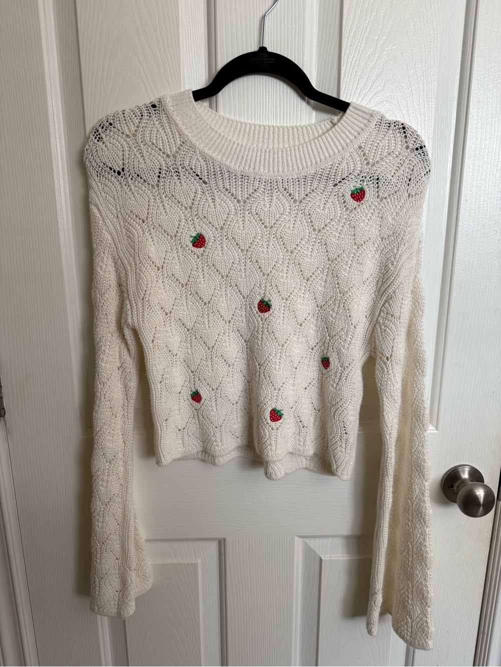 Cream Cable Knit Sweater with Strawberry Embroidery